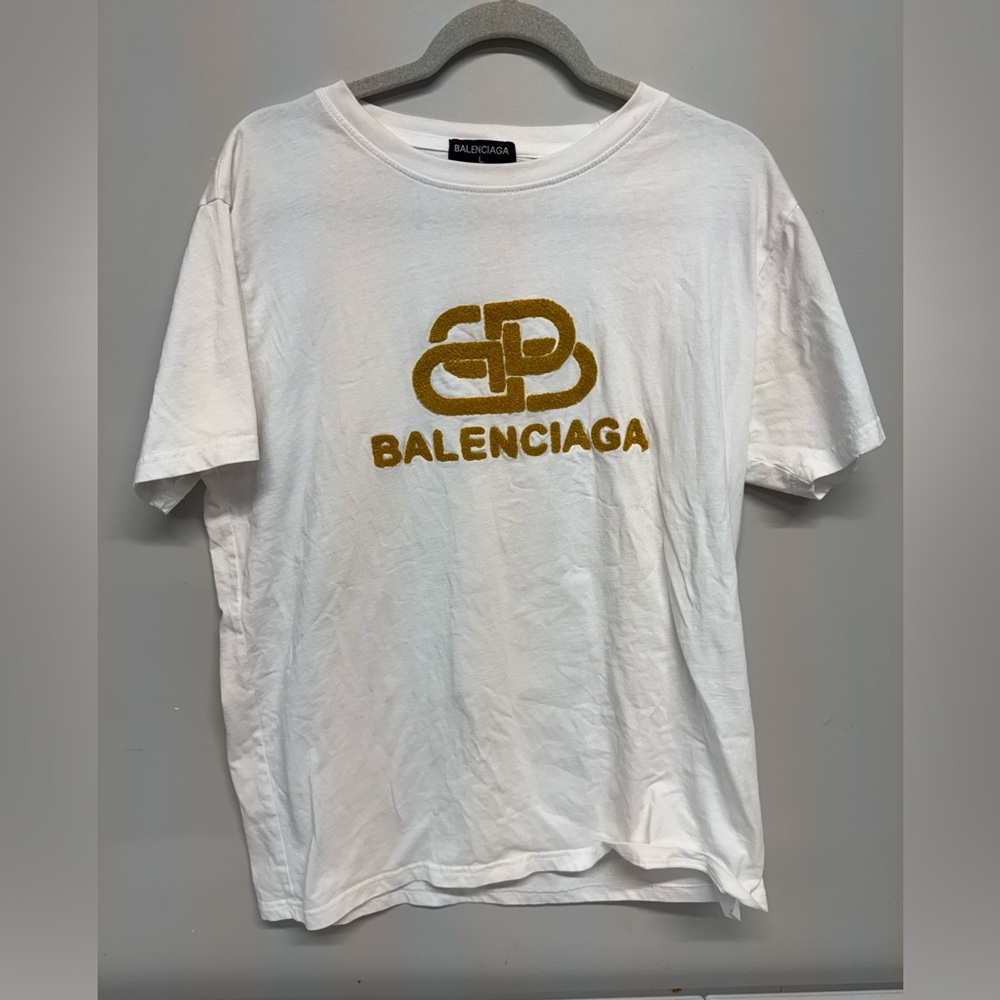 Balenciaga White Tee with Gold Emblem
